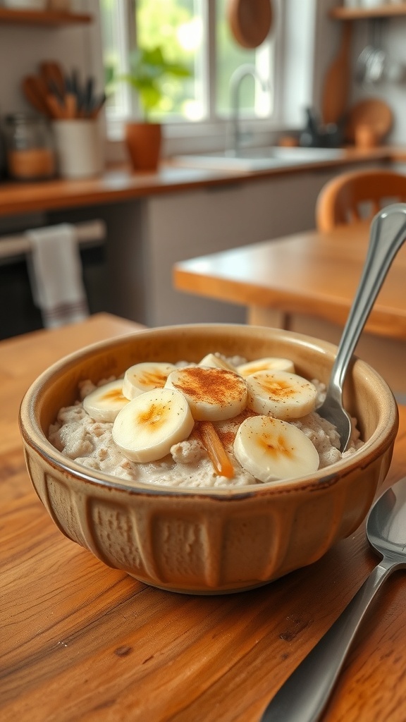 Oatmeal Recipe A bowl of oatmeal topped with bananas and honey, on a wooden table.